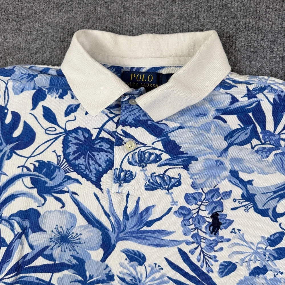 Polo Ralph Lauren Shirt Mens M Blue White Floral Contrast Collar Hawaiian Pony